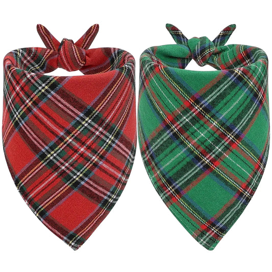 Vivifying Dog Christmas Bandana 2 Pack Classic Plaid Triangle Dog Scarf for Small Dogs and Large Cats Holiday Dog Christmas Costume for Festive Photo Prop Party Decor (Small Green&Red)