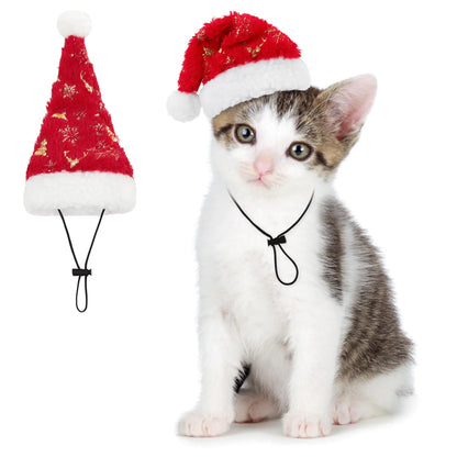 Queenmore Puppy Santa Hat for Small Dogs Cat Christmas Costume Soft Plush Christmas Hat for Cats Festive Red & White Santa Costume for Cats and Dogs with Adjustable Band S